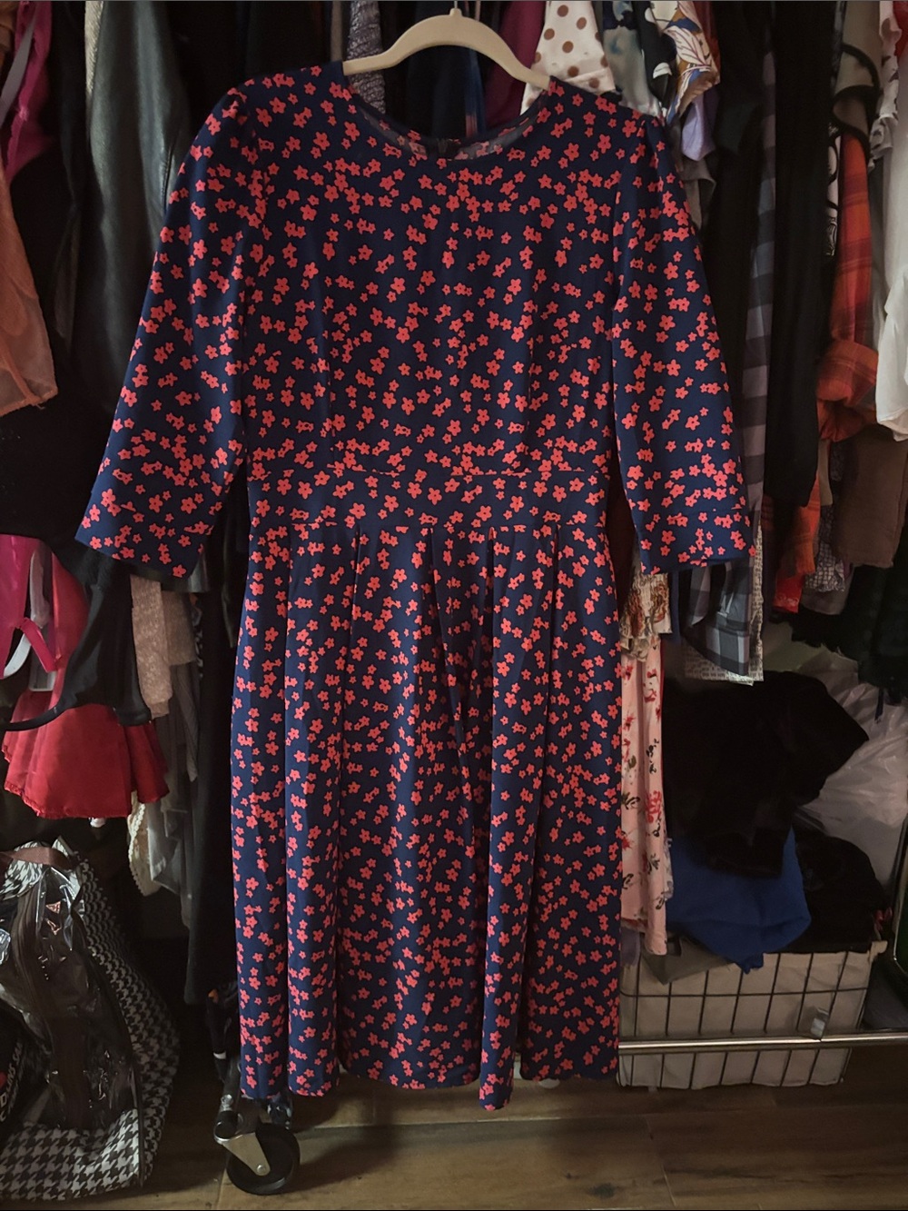Navy Midi Dress with Pink Floral Print